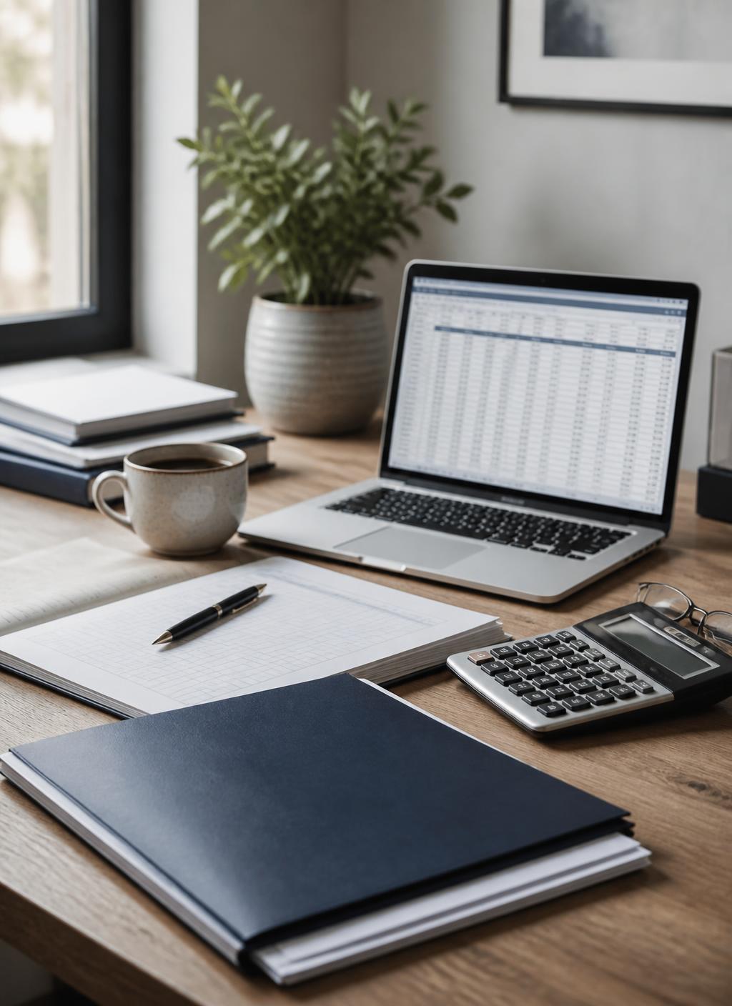 A tidy professional desk with a laptop spreadsheet, navy folder, calculator, and coffee