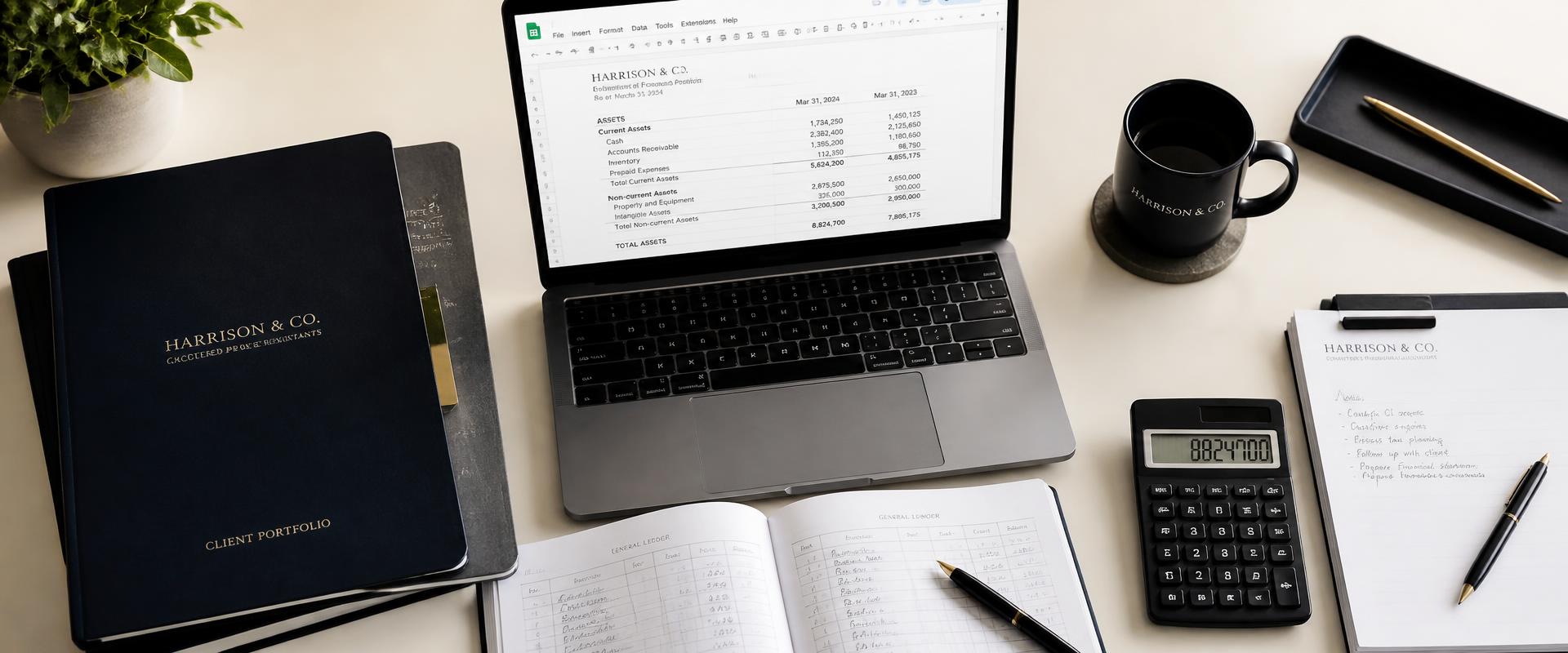 Escritorio profesional con laptop, libros de contabilidad y calculadora organizados