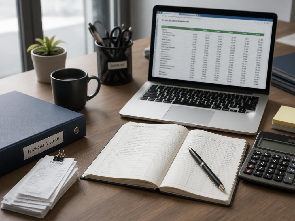 A clean desk with an open ledger, laptop showing a spreadsheet, calculator, and navy financial records folder.
