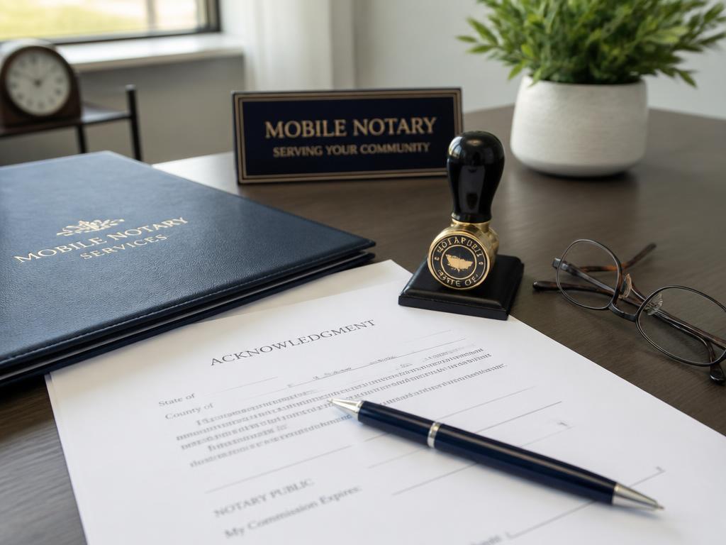A professional notary signing setup with documents, a pen, and an official notary seal stamp.