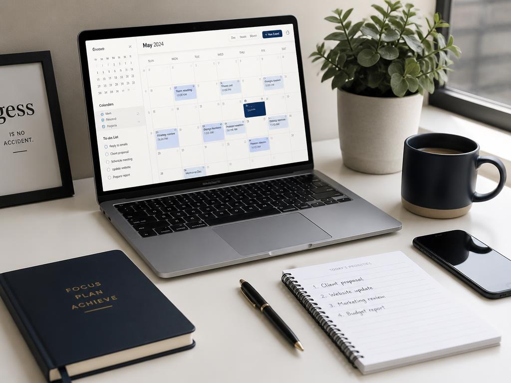 A modern laptop displaying a calendar and to-do list next to a planner, coffee mug, and smartphone.
